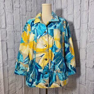 Additions by Chico's 3 (XL) Blue Yellow Floral Button Up Spring Jean Jacket